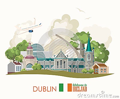 Dublin city. Ireland vector flat design card with landmarks, irish castle, green fields. Vector Illustration