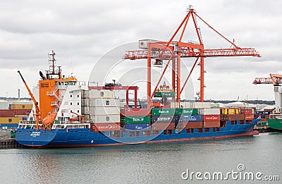 Container ship being loaded at Dublin port. Editorial Stock Photo