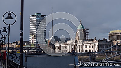 Dublin, Ireland cityscape: River Liffey, Custom House, Liberty Hall and Dublin Spire Editorial Stock Photo