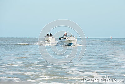 Dublin, Ireland - 04.03.2021: Sport motorboat moving in the harbor. Editorial Stock Photo