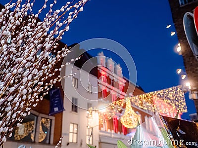 Dublin, Ireland - 20.12.2022: Willow tree for sale and Decorated and illuminated Grafton street in the Irish capital at dusk Editorial Stock Photo