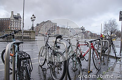 Dublin March 2022: bikes on o'connell street in the rain Editorial Stock Photo