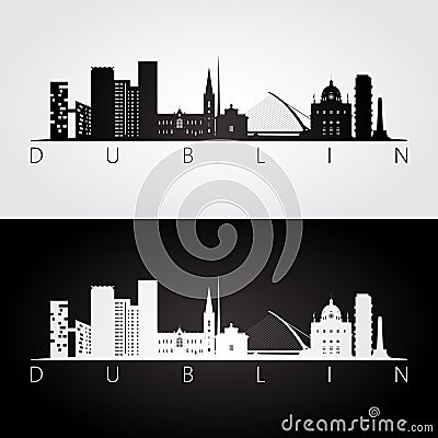 Dublin skyline and landmarks silhouette Vector Illustration