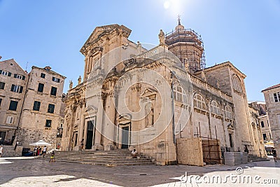 Dubrovnik, Croatia - Aug 20, 2020: Wide angle view of Cathedral of Virgin Mary in repair Editorial Stock Photo