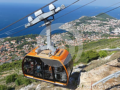 Cable car reaching top of mountain above Dubrovnik Editorial Stock Photo