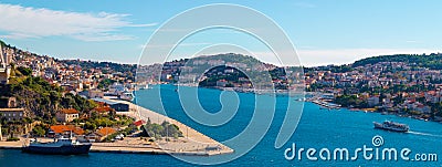 Dubrovnik Croatia October 2020 Panorama of the bay area of Dubrovnik city, entrence to the town in front of the massive bridge. Editorial Stock Photo