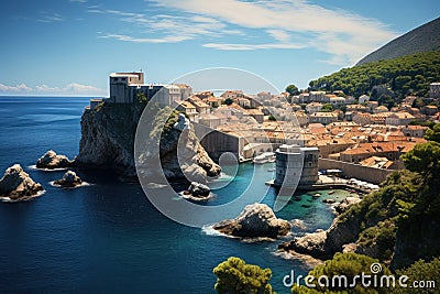Dubrovnik Old Town, Croatia. Panoramic view, General view of Dubrovnik - Fortresses Lovrijenac and Bokar seen, AI Generated Stock Photo