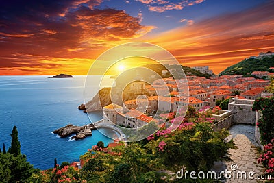 Dubrovnik old town at sunset. Croatia, Europe. Beauty world, Dubai sunset view of downtown covered with, AI Generated Stock Photo