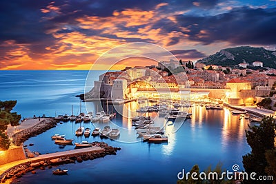 Dubrovnik old town at sunset, Croatia. Panoramic view, Dubai sunset view of downtown covered, AI Generated Stock Photo