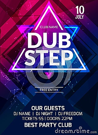 Dubstep party flyer poster. Futuristic club flyer design template. DJ advertising, digital creative club intertainment Vector Illustration