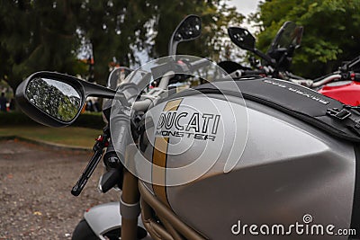Ducati monster super bike in gray color, on outdoor display in Caramulo, Viseu Editorial Stock Photo