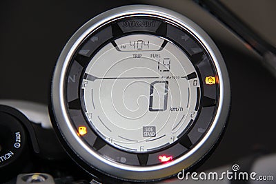 Ducati Scrambler Icon: Close-up of motorcycle instrument panel. Editorial Stock Photo