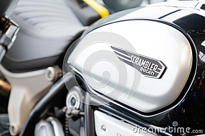 Ducati Scrambler 1100 motorbike sign logo on Italian motorcycle tank grey bike Editorial Stock Photo