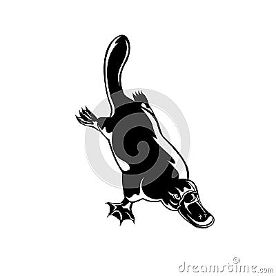 Duck-Billed Platypus Ornithorhynchus Anatinus Diving Retro Woodcut Black and White Vector Illustration