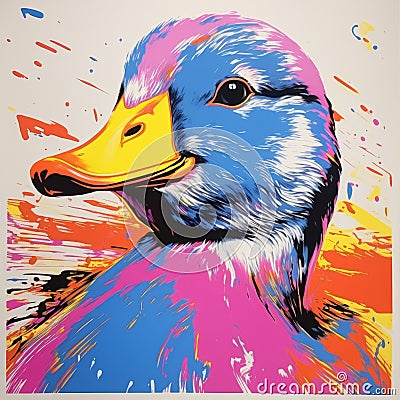 Colorful Canvas Painting Of A Duck In The Style Of Doug Aitken Cartoon Illustration