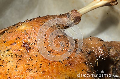 Duck cooked at home golden color. Close. The leg is visible Stock Photo