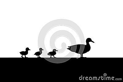 Duck and Ducklings for a walk Silhouette vector Vector Illustration