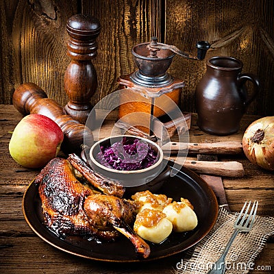 Duck with dumplings and pickled plum Stock Photo