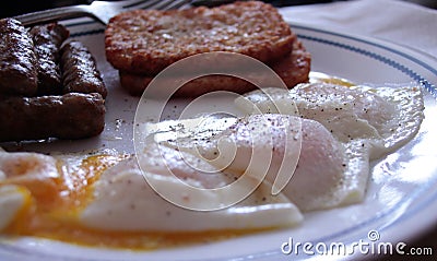 three duck eggs over easy fried, yolk runny Stock Photo