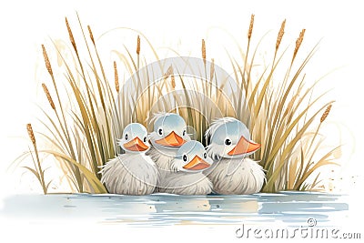 duck family nestled in pond reeds with snow caps Stock Photo