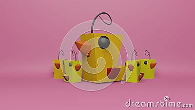 Duck family on pink background 3D rendering Stock Photo