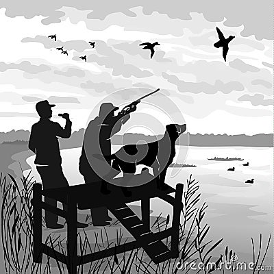 Duck hunting with dog. Hunter shoots a gun at the ducks. Hunter calls decoy ducks. Dog waits for commands to run and bring the duc Vector Illustration