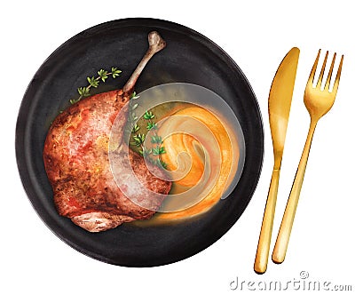 Duck leg confit, served with pumpkin puree. Watercolor illustration Cartoon Illustration