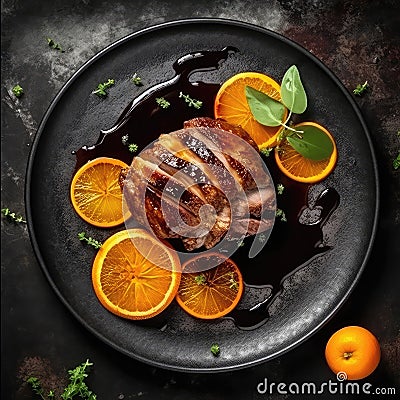 Duck Lorange On A Black Abstraction Round Plate, French Dish. Generative AI Stock Photo