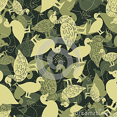 Duck Military pattern seamless. Drake Army background. Baby fabric texture Protective khaki Vector Illustration