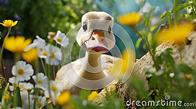 Duck Peeking Over Flowers: Charming Character In Daz3d Style Stock Photo