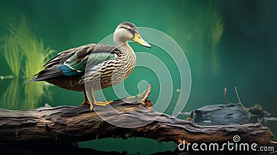Photographic Style Duck On Wood Branch With Green Background Stock Photo