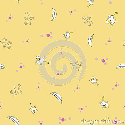 Duck running, doodles, dots and feathers, seamless repeat vector Vector Illustration