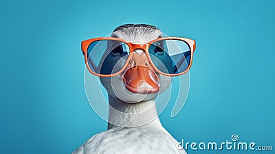 Retro Glamor: Innovative Duck Wearing Sunglasses On Blue Background Stock Photo