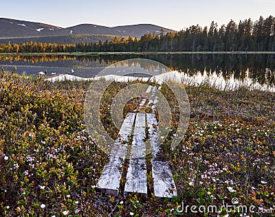 Duckboards leading to the lake in Lapland Stock Photo