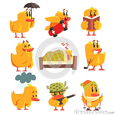 Duckling Different Activities Set Of Cute Character Stickers Vector Illustration