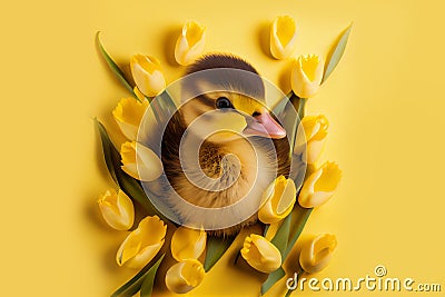 duckling with flowers over yellow background. Stock Photo
