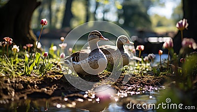 Duckling in pond, surrounded by green grass generated by AI Stock Photo