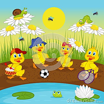 Ducklings resting on lake Vector Illustration