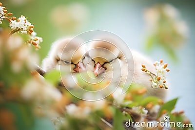 ducklings snoozing under a flowering bush Stock Photo