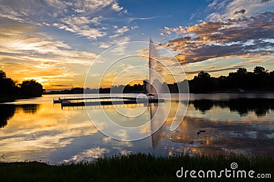 Ducks on Ada lake just before the colorful autumn sunset, Belgrade Stock Photo