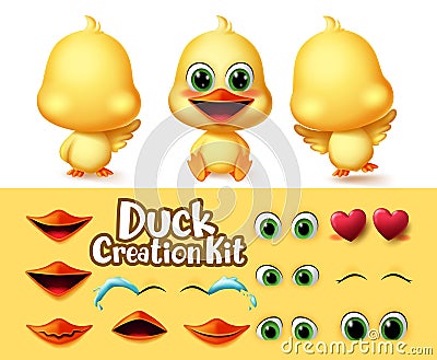 Ducks creation animal characters vector set. Duck animals editable character eyes and mouth kit with different emotion and feeling Vector Illustration