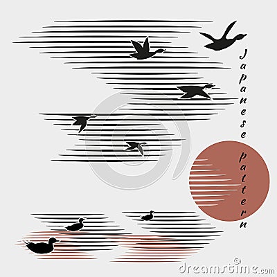 Ducks, geese fly into bright sun. Sea, clouds in sky on white background with black birds. Minimalistic pattern in Japanese style Vector Illustration