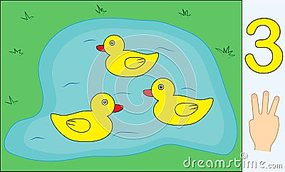 Ducks. Number 3 three. Learning counting, mathematics. Vector Illustration