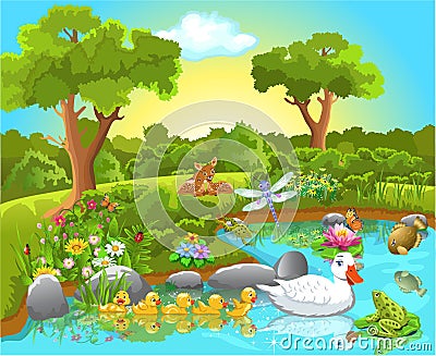 Ducks on the pond Vector Illustration