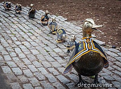 Ducks in a row statue in Boston public garden during the Bruins playoff Editorial Stock Photo