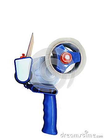 Duct tape machine isolate. The instrument is blue, made of plastic. With a long handle. Scotch transparent bobbin. Stock Photo