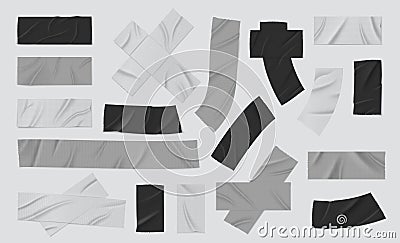 Duct tape. Realistic black and grey adhesive bandage, sticky isolated strip piece, torn duct tape. Vector isolated set Vector Illustration