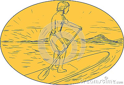 Dude Stand Up Paddle Board Oval Drawing Vector Illustration