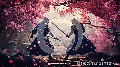 Duel of samurai warriors with swords in the garden of sakura blossom Stock Photo