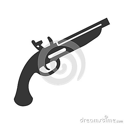 Duelling pistol bold black silhouette icon isolated on white. Firearm, revolver, antique old gun pictogram. Vector Illustration